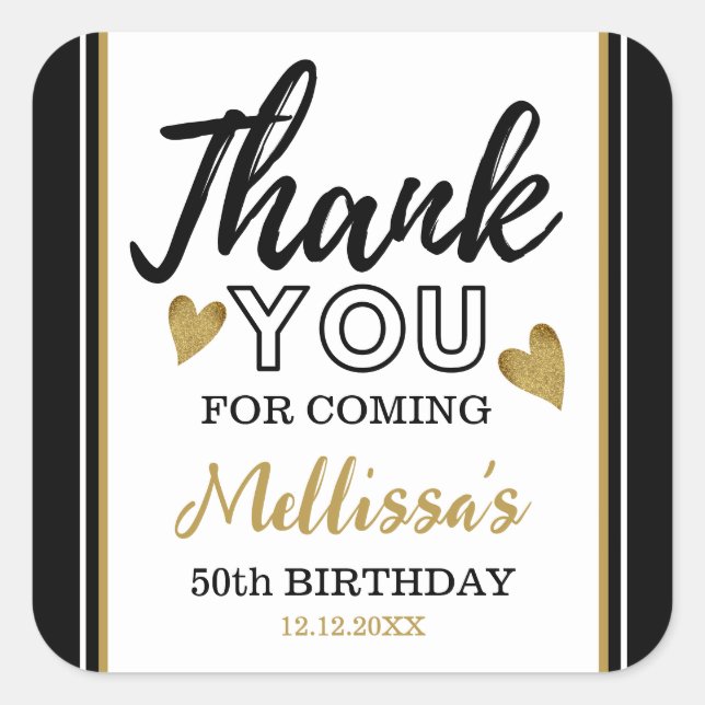 50th Birthday Black And Gold Thank You Favour Square Sticker (Front)