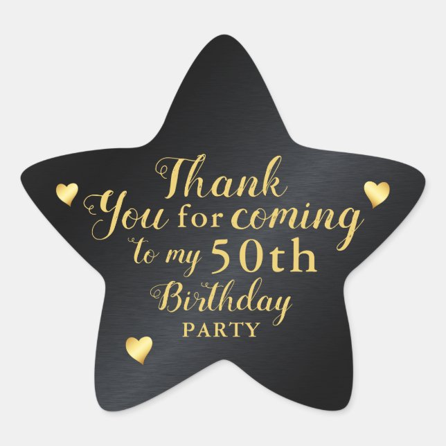50th Birthday Black and Gold Thank You Star Sticker (Front)