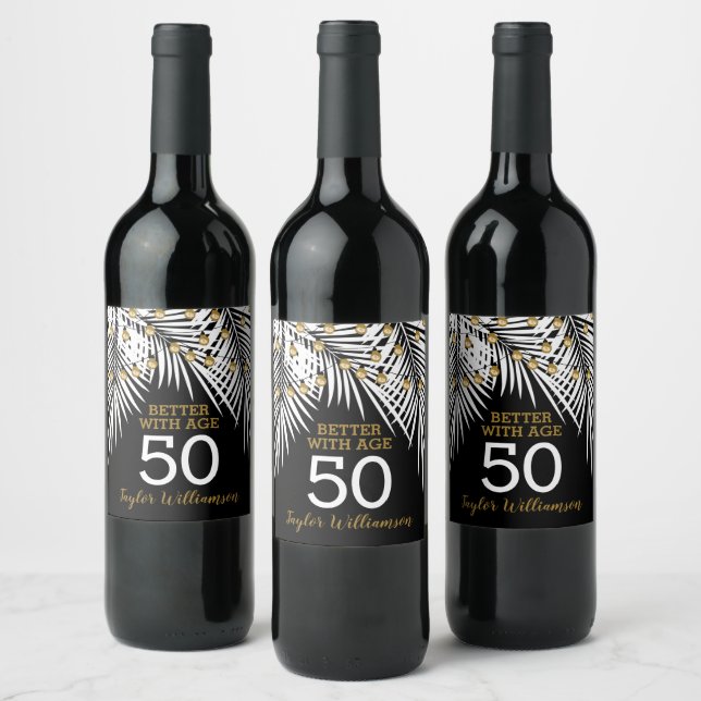 50th Birthday Black and Gold Wine Label (Bottles)