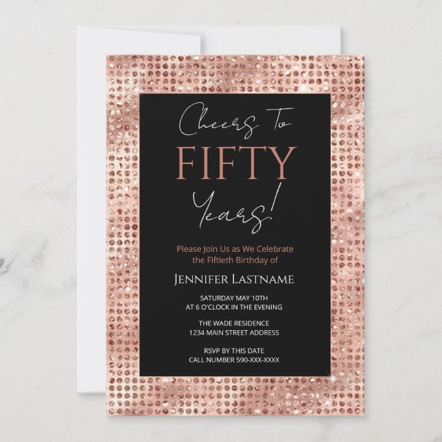 50th Birthday Black and Rose Gold Shimmer Invitation (Front)