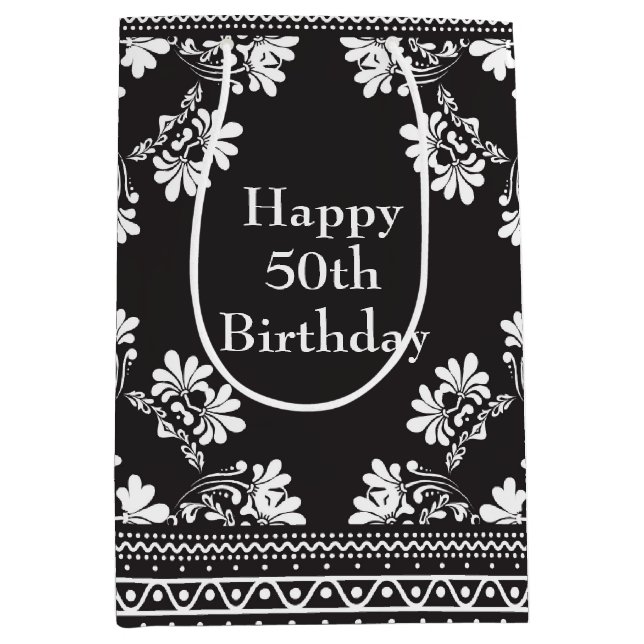 50th Birthday Black and White Bandanna  Medium Gift Bag (Front)