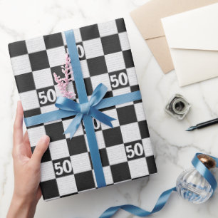 50th Birthday Black and White Checks Wrapping Paper