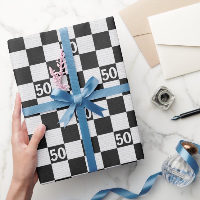 50th Birthday Black and White Checks Wrapping Paper (Gifting)