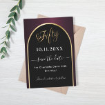 50th birthday black burgundy gold arch save the date<br><div class="desc">A Save the Date card for a 50th birthday party.  A black and burgundy background,  decorated with a faux gold arch. Personalize and add a date and your name. The text: Fifty and Save the Date is written with a large trendy hand lettered style script.</div>