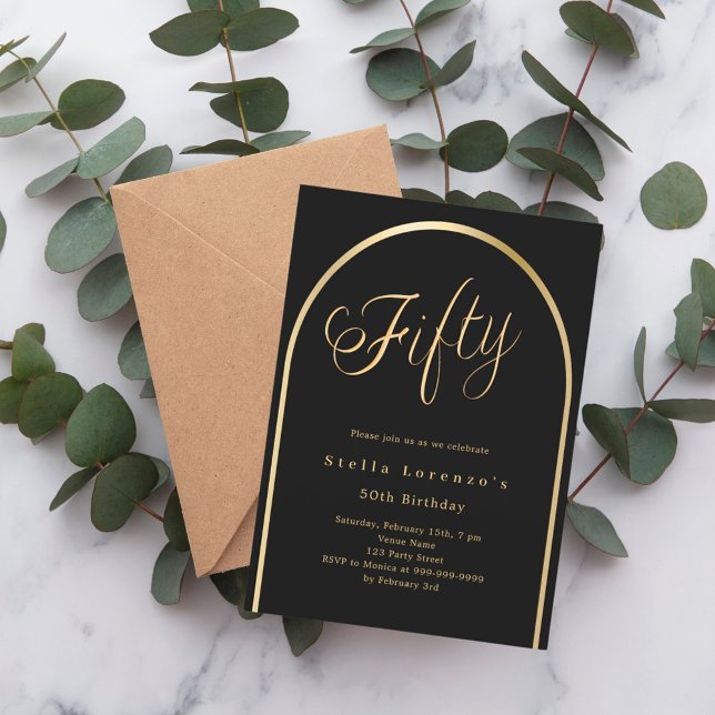 50th birthday black gold arch elegant script invitation (Creator Uploaded)