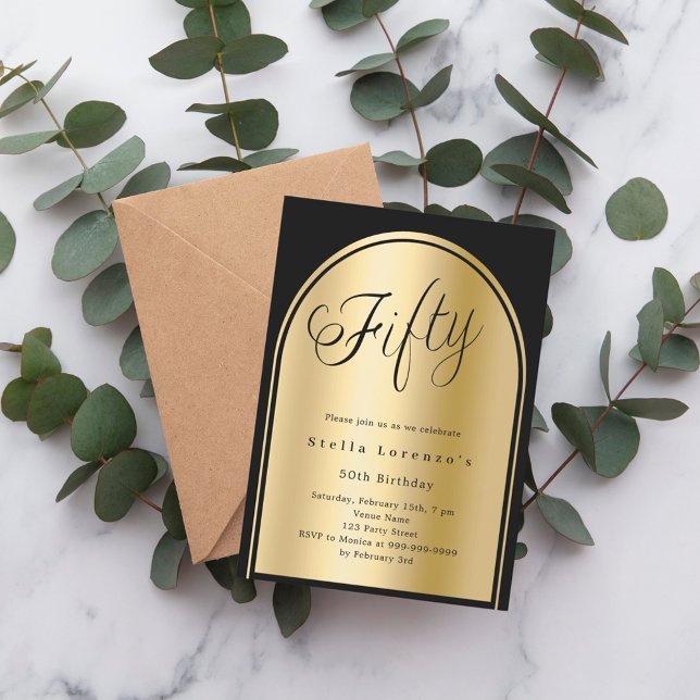 50th birthday black gold arch script elegant invitation (Creator Uploaded)