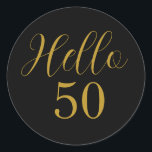 50th Birthday Black Gold Birthday Classic Round Sticker<br><div class="desc">Elegant black and gold 50th birthday sticker design. This modern typography design is in chic black and gold. It has the text "Hello 50" in trending typography. This stylish design is perfect for an unforgettable 50th birthday party celebration. Contact the designer for help with matching products,  personalization and customization.</div>