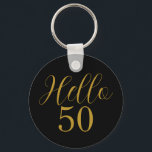 50th Birthday Black Gold Birthday Keychain<br><div class="desc">Elegant black and gold 50th birthday sticker design. This modern typography design is in chic black and gold. It has the text "Hello 50" in trending typography. This stylish design is perfect for an unforgettable 50th birthday party celebration, and is ideal as party favours or as a gift for a...</div>