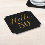 50th Birthday Black Gold Birthday Paper Coaster<br><div class="desc">Elegant black and gold 50th birthday sticker design. This modern typography design is in chic black and gold. It has the text "Hello 50" in trending typography. This stylish design is perfect for an unforgettable 50th birthday party celebration. Contact the designer via zazzle chat for help with matching products, personalization...</div>