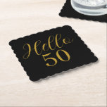 50th Birthday Black Gold Birthday Paper Coaster<br><div class="desc">Elegant black and gold 50th birthday sticker design. This modern typography design is in chic black and gold. It has the text "Hello 50" in trending typography. This stylish design is perfect for an unforgettable 50th birthday party celebration. Contact the designer via zazzle chat for help with matching products, personalization...</div>