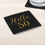 50th Birthday Black Gold Birthday Paper Coaster<br><div class="desc">Elegant black and gold 50th birthday sticker design. This modern typography design is in chic black and gold. It has the text "Hello 50" in trending typography. This stylish design is perfect for an unforgettable 50th birthday party celebration. Contact the designer via zazzle chat for help with matching products, personalization...</div>