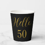 50th Birthday Black Gold Birthday Party Paper Cups<br><div class="desc">Elegant black and gold 50th birthday party design. This modern typography design is in classic black and gold. It has the text "Hello 50" in trending typography. This stylish design is perfect for a chic and unforgettable 50th birthday party celebration. If you need help with personalization, matching products, or for...</div>