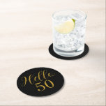 50th Birthday Black Gold Birthday Round Paper Coaster<br><div class="desc">Elegant black and gold 50th birthday sticker design. This modern typography design is in chic black and gold. It has the text "Hello 50" in trending typography. This stylish design is perfect for an unforgettable 50th birthday party celebration. If you need help with personalization, matching products, or for a custom...</div>