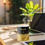 50th birthday black gold bow name coffee mug<br><div class="desc">Elegant,  classic,  glamourous and feminine.  A gold coloured ribbon and bow. Black background. The Perfect gift for a 50th birthday! Templates for a name,  age 50 and date of birth and the anniversary date. Golden letters.  The name is written with a modern hand lettered style script.</div>