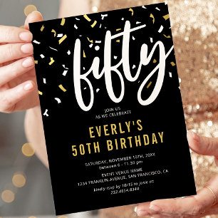 50th Birthday Black Gold Confetti Invitation