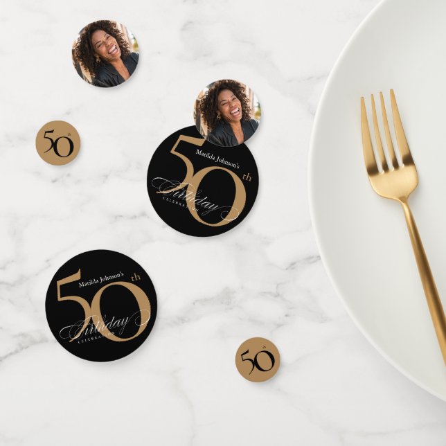 50th Birthday Black Gold Elegant Calligraphy Chic Confetti (Group)