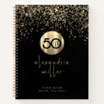 50th Birthday Black Gold Glitter Guestbook Notebook<br><div class="desc">Elegant 50th Black Birthday Party Celebration Guestbook Gold Glitter Sparkle Brushed Metal Name Feminine Script Custom Text Template Guest Book</div>