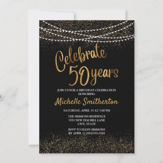 50th Birthday Black Gold Glitter String Lights Invitation (Front)