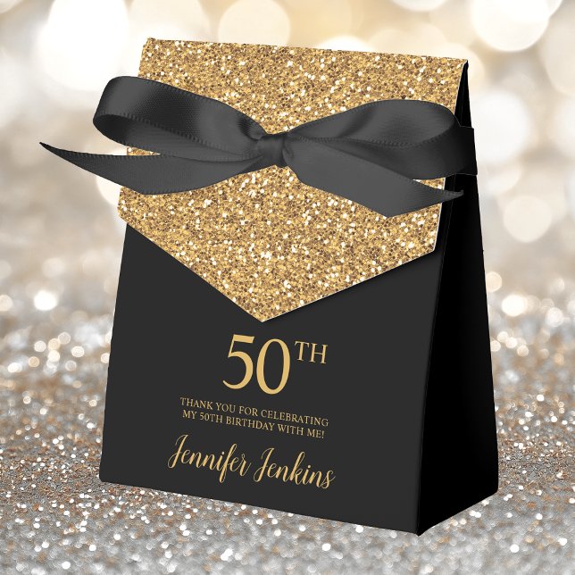 50th Birthday Black Gold Glitter Thank You Favor Box (Creator Uploaded)