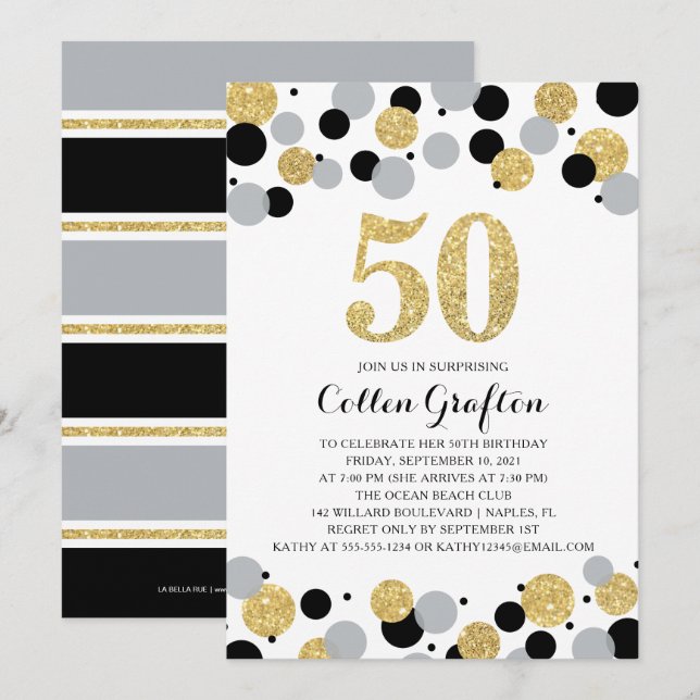 50th Birthday Black Gold Grey Glitter Confetti Invitation (Front/Back)