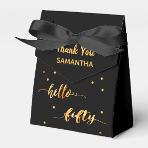 50th birthday black gold hello 50 name script favor box
