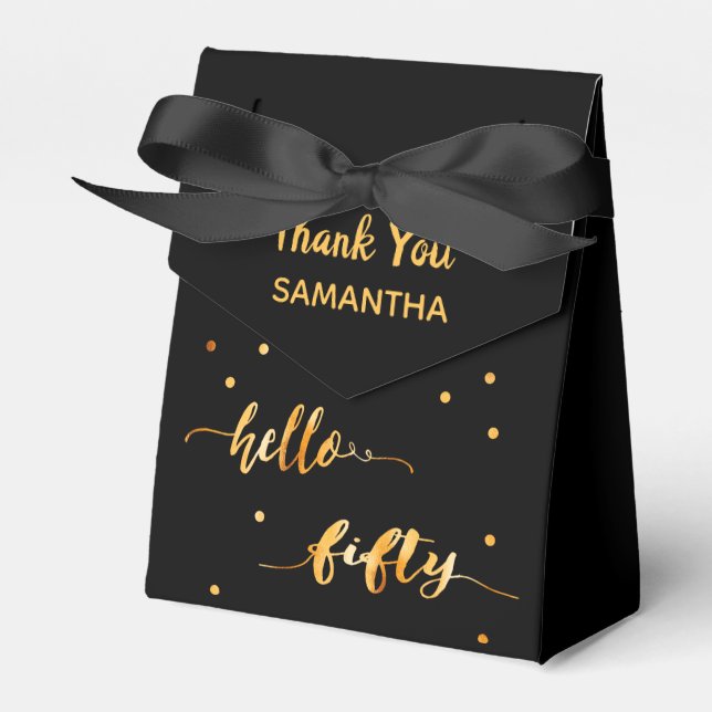 50th birthday black gold hello 50 name script favor box (Front Side)