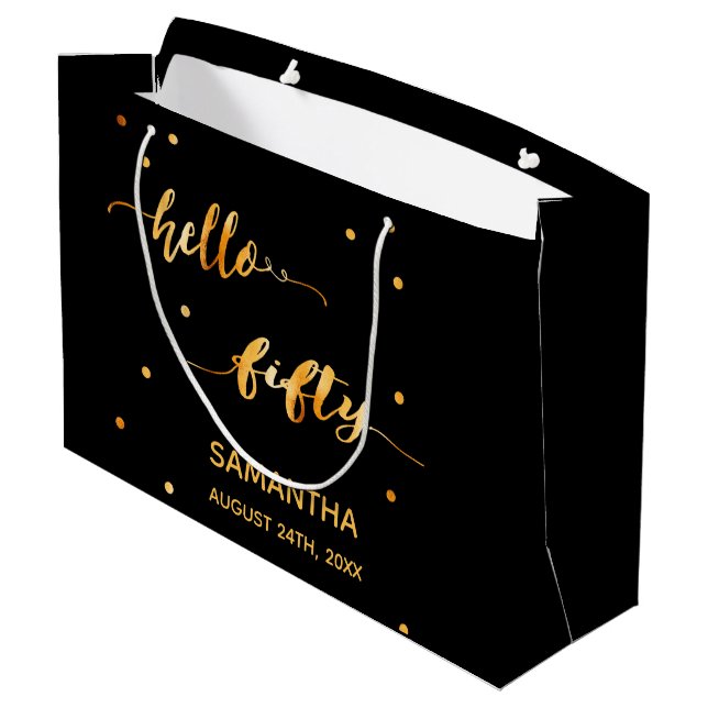 50th birthday black gold hello 50 typography large gift bag (Back Angled)