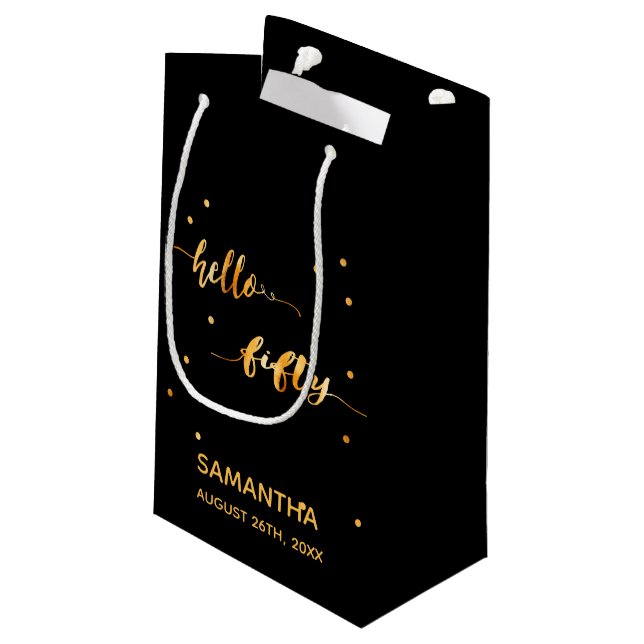 50th birthday black gold hello 50 typography small gift bag (Back Angled)