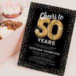 50th Birthday Black Gold Invitation<br><div class="desc">Elevate your milestone celebration with our elegant 50th birthday party invitations! Featuring a versatile black background, gold sparkly glitter, fifty charming gold helium balloons, and a trendy 50th birthday text that's a breeze to personalize! Add your unique touch to this special day and let your guests anticipate a memorable event....</div>