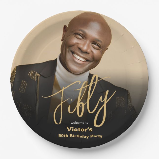50th Birthday Black Gold Modern Chic Custom Photo  Paper Plate (Front)