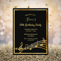 50th birthday black gold music notes invitation