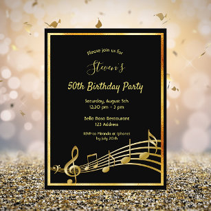 50th birthday black gold music notes invitation postcard