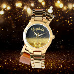 50th birthday black gold name watch<br><div class="desc">Elegant, classic, glamourous and feminine. A faux gold coloured bow and ribbon, a bit of bling and luxury for a birthday gift or keepsake. Black background. Templates for her name, and the age 50. The name is written with a modern hand lettered style script.</div>