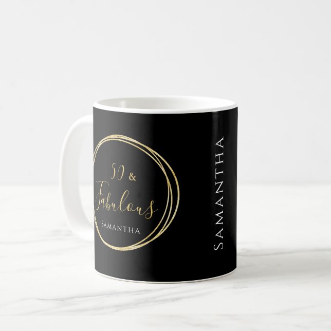 50th Birthday Black Gold Personalized Coffee Mug (Front Left)