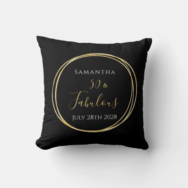 50th Birthday Black Gold Personalized Throw Pillow (Front)