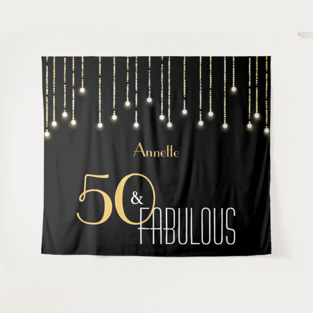 50th Birthday Black Gold Photo Booth Backdrop Tapestry (Front (Horizontal))
