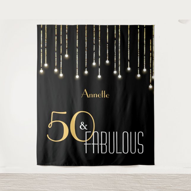 50th Birthday Black Gold Photo Booth Backdrop Tapestry (Front)