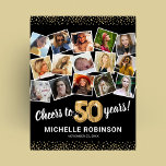 50th Birthday Black Gold Photo Party Poster<br><div class="desc">Elegant 50th birthday party poster featuring a stylish black background that can be changed to any colour,  a 15 photo collage through the years,  the saying 'cheers to 50 years',  gold glitter edges,  their name,  and the date of the celebration.</div>