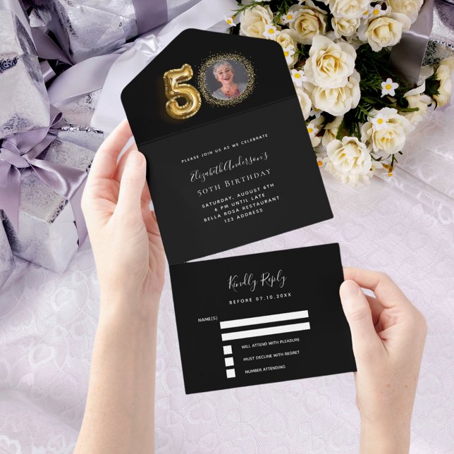 50th birthday black gold photo rsvp all in one invitation (Creator Uploaded)