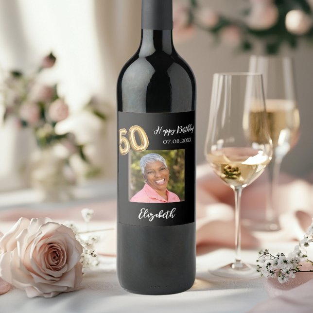 50th Birthday black gold photo Wine Label (Creator Uploaded)