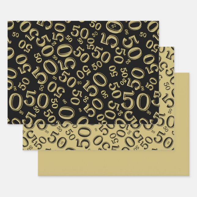 50th Birthday Black & Gold Random Number Pattern Wrapping Paper Sheet (Set)