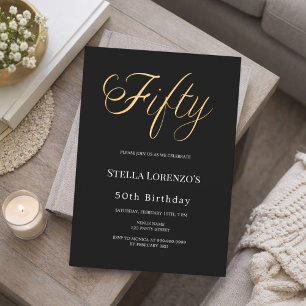 50th birthday black gold script typography invitation