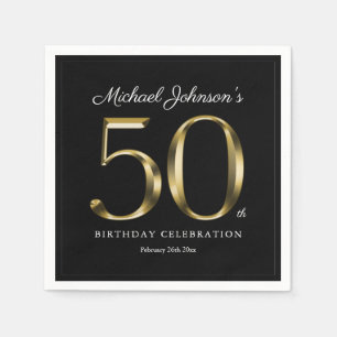 50th Birthday Black Gold Solid Typography Napkins