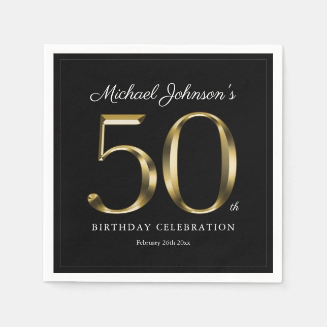 50th Birthday Black Gold Solid Typography Napkins (Front)