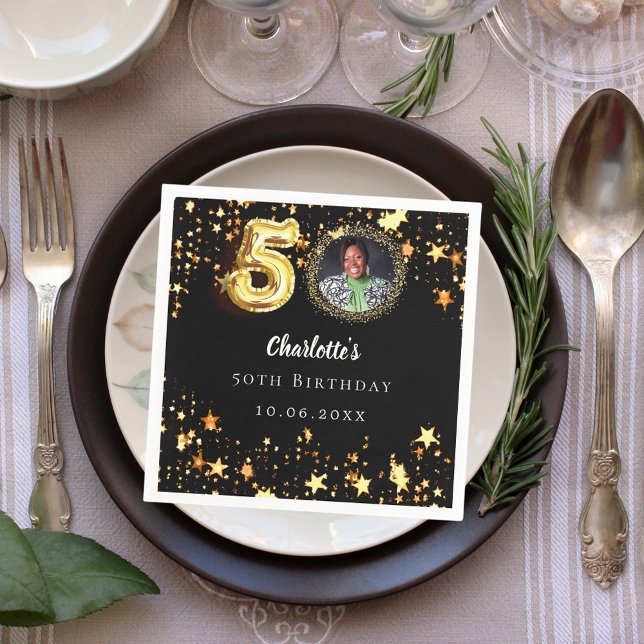 50th birthday black gold stars photo napkin (Creator Uploaded)