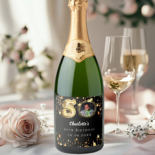 50th birthday black gold stars photo sparkling wine label