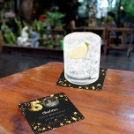 50th birthday black gold stars photo square paper coaster<br><div class="desc">Black background,  decorated with golden stars. Personalize and add a photo,  name,  age,  date.</div>