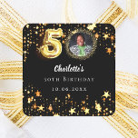 50th birthday black gold stars photo square sticker<br><div class="desc">Black background,  decorated with golden stars. Personalize and add a photo,  name,  age,  date.</div>