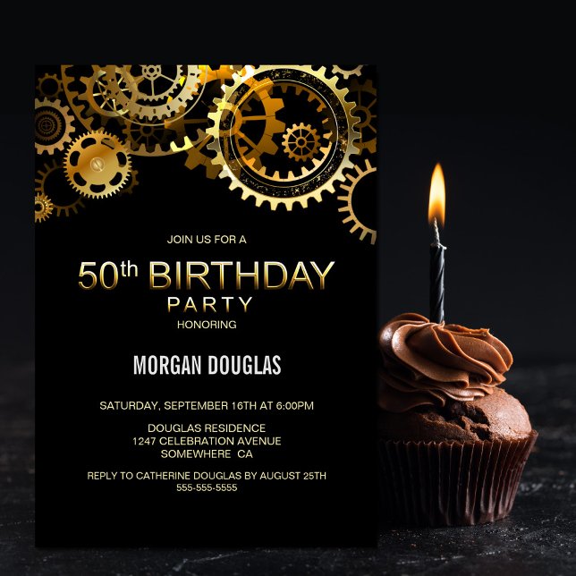 50th Birthday Black Gold Steampunk Watch Gears Invitation (Creator Uploaded)