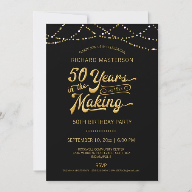 50th Birthday Black Gold String Lights Invitation (Front)